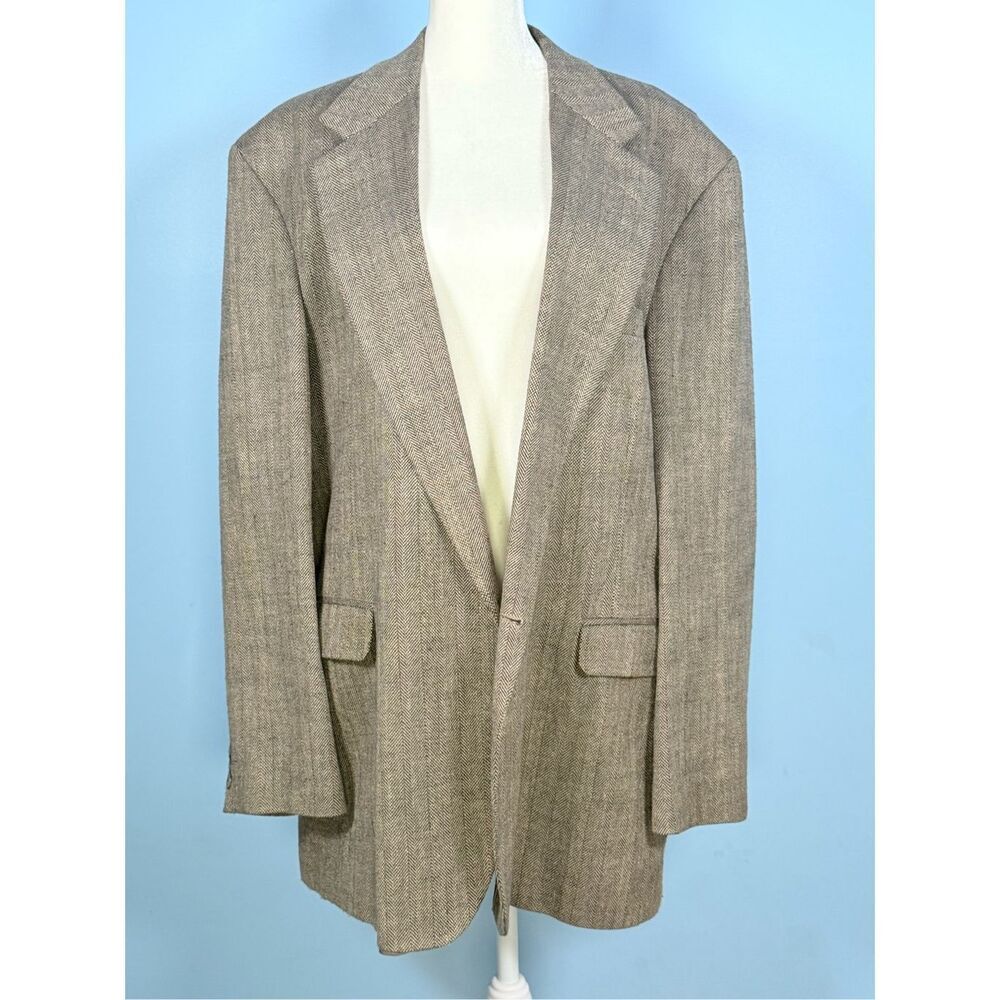 Vintage 80s 90s Haggar Imperial Brown Wool Herringbone Tweed Sport Coat‎ 46L